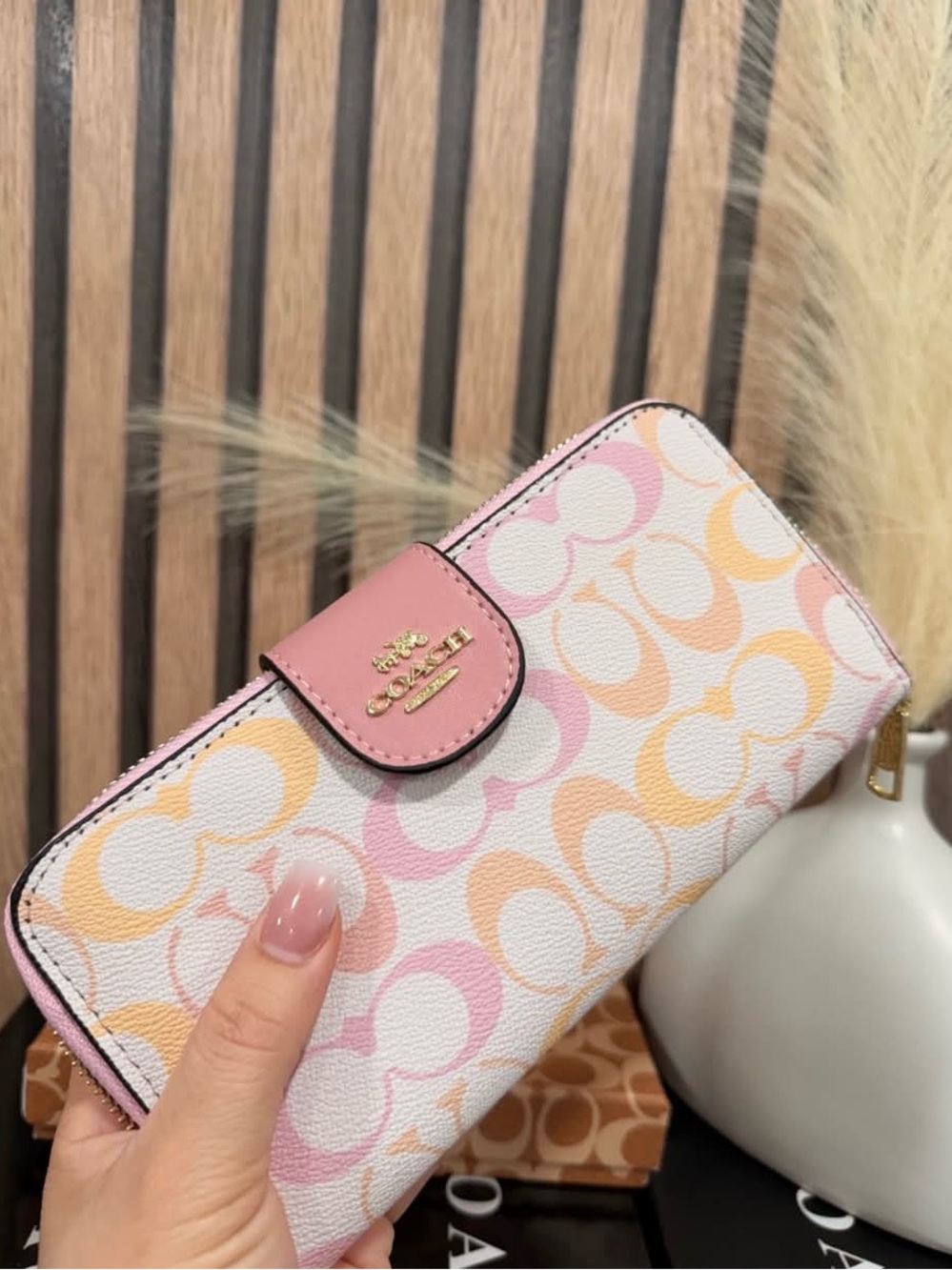 Coach Pastel Pink & Peach Signature Accordion Zip Wallet